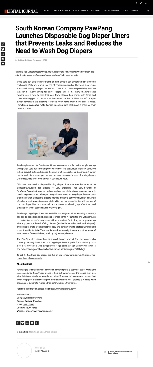 South Korean Company PawPang Launches Disposable Dog Diaper Liners that Prevents Leaks and Reduces the Need to Wash Dog Diapers