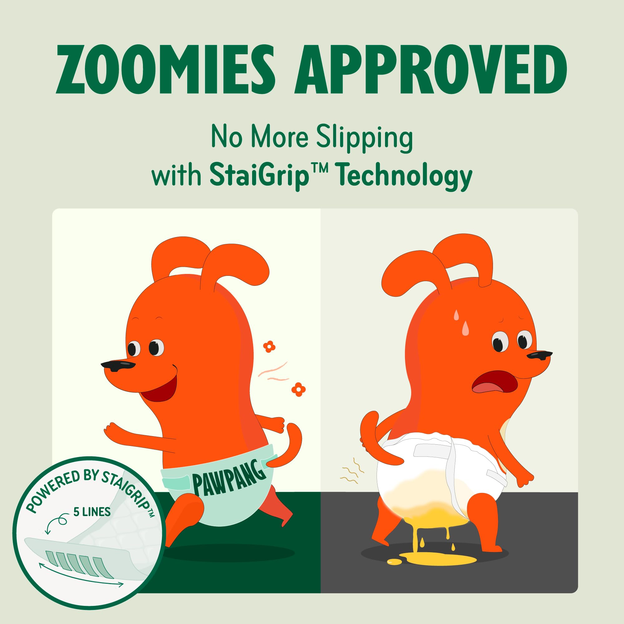 PAWPANG dog diaper liner adhesive strips keep the pad in place on an active dog