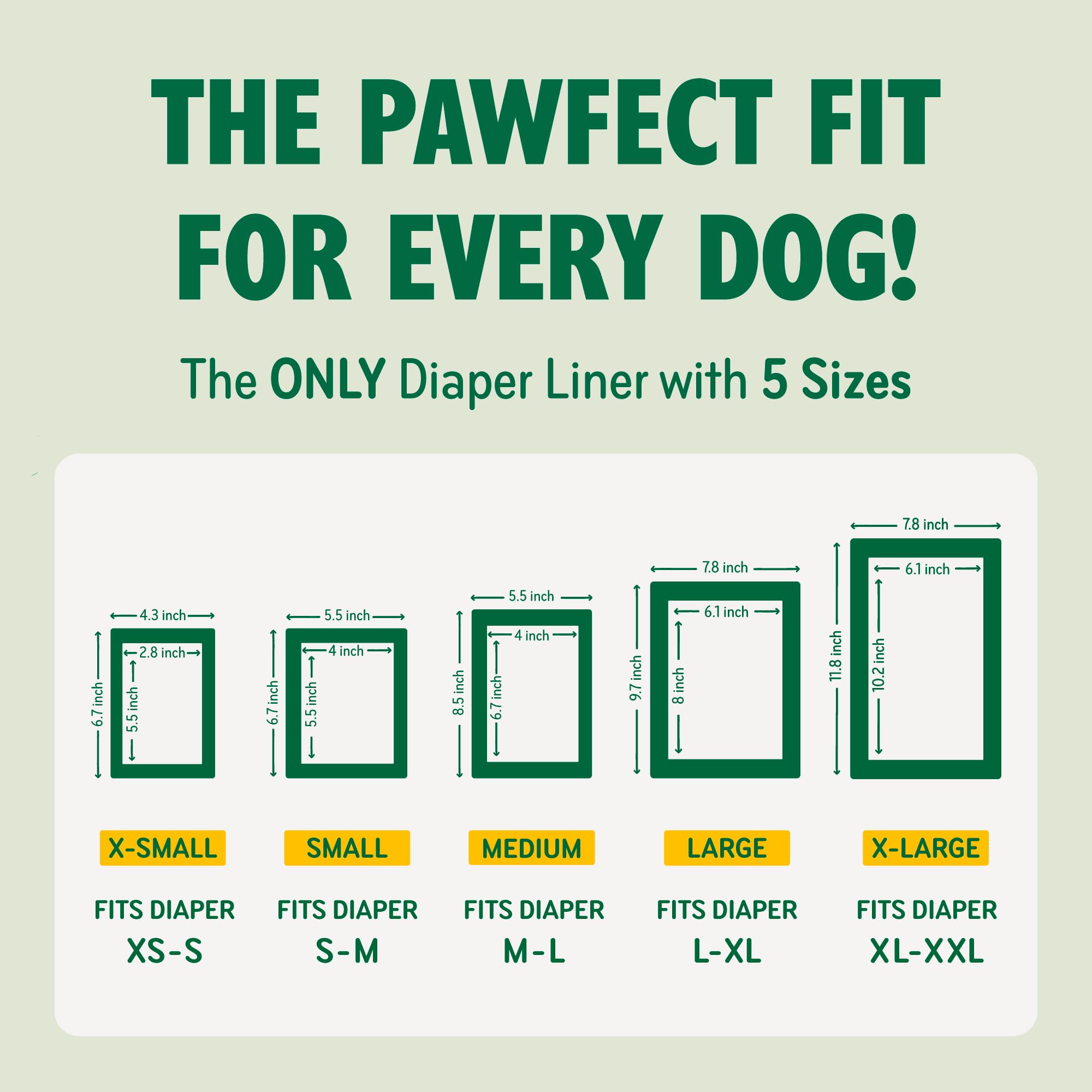 PAWPANG dog diaper liner size guide for X-Small, Small, Medium, Large and X-Large