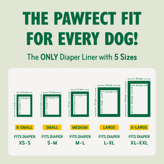 PAWPANG dog diaper liner size guide for X-Small, Small, Medium, Large and X-Large