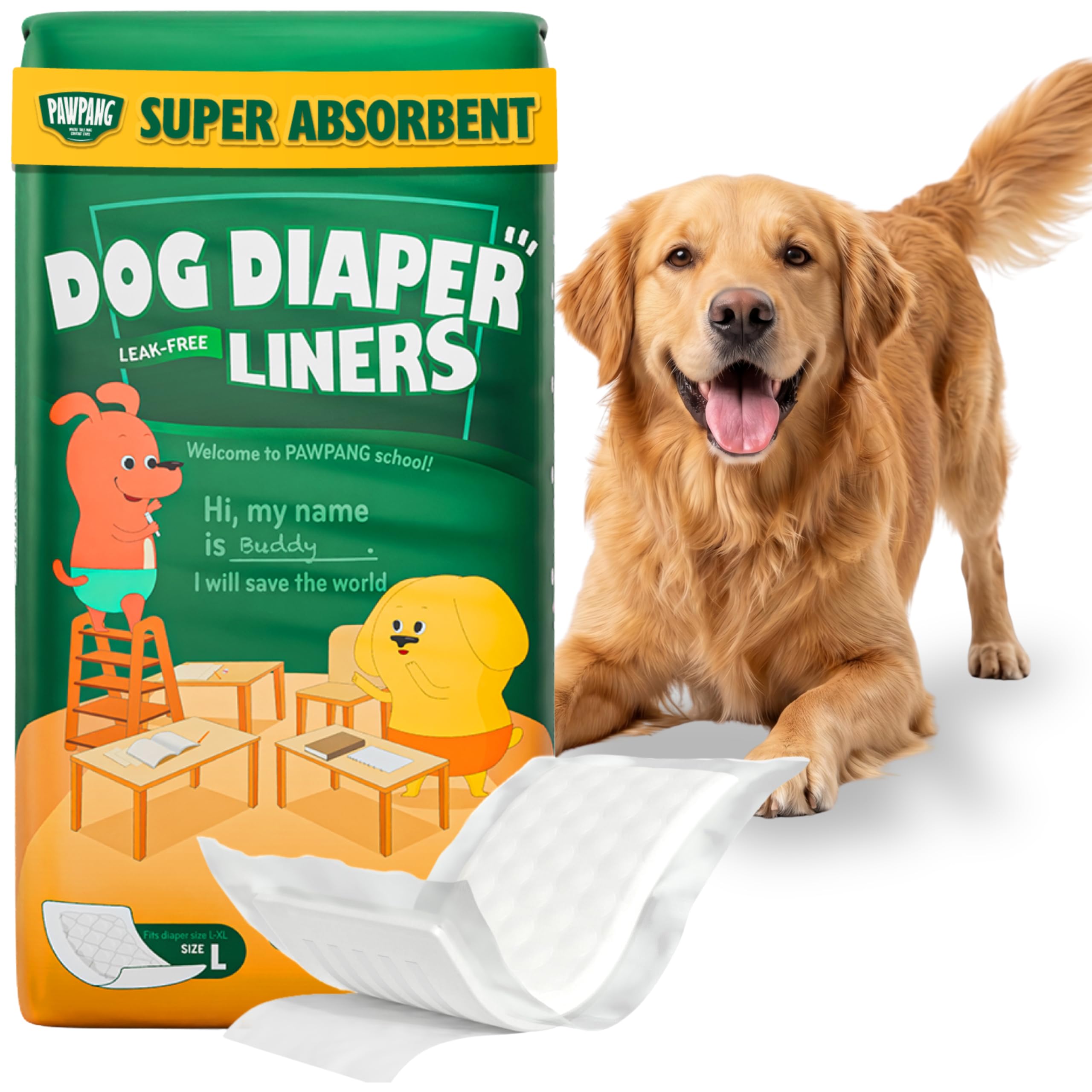 PAWPANG Large dog diaper liners Standard Pack of 100 with a Golden Retriever