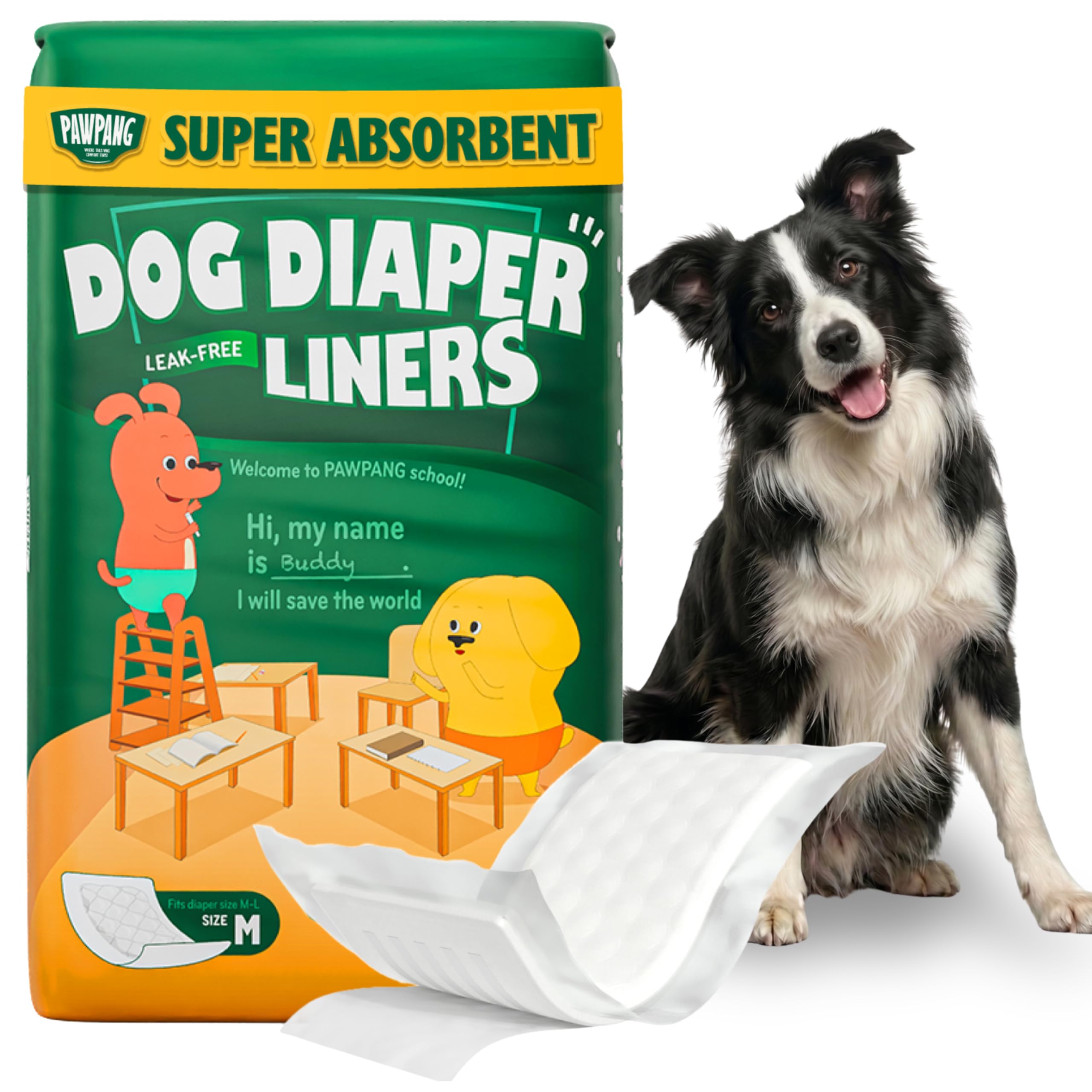 PAWPANG Medium dog diaper liners Standard Pack of 100 with a Border Collie