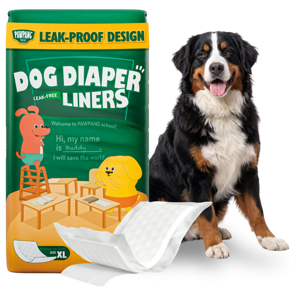 PAWPANG X-Large dog diaper liners Standard Pack of 55 with a Bernese Mountain Dog