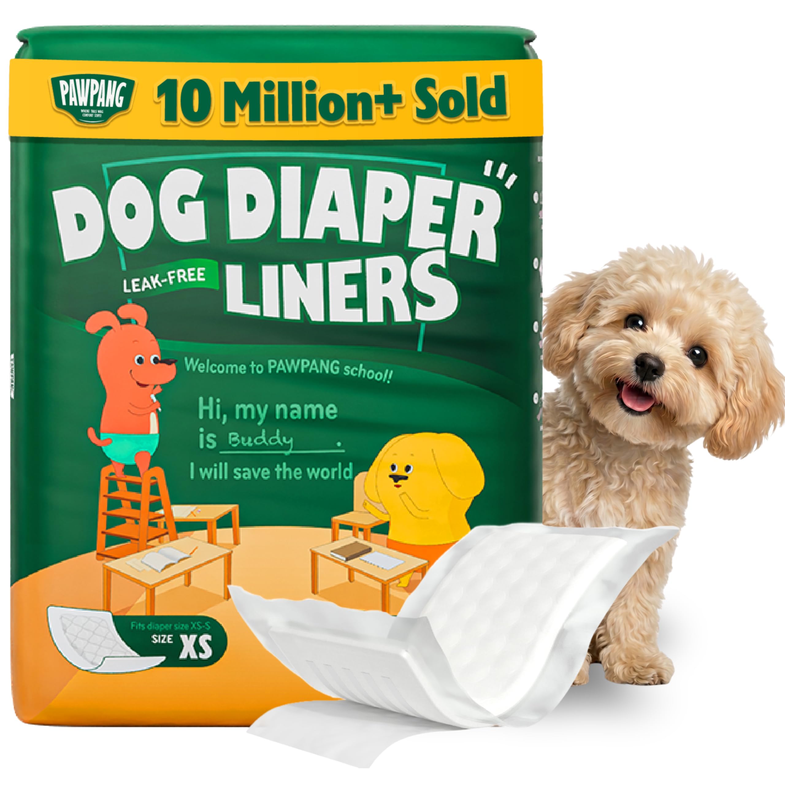 PAWPANG X-Small dog diaper liners Standard Pack of 100 with a small dog